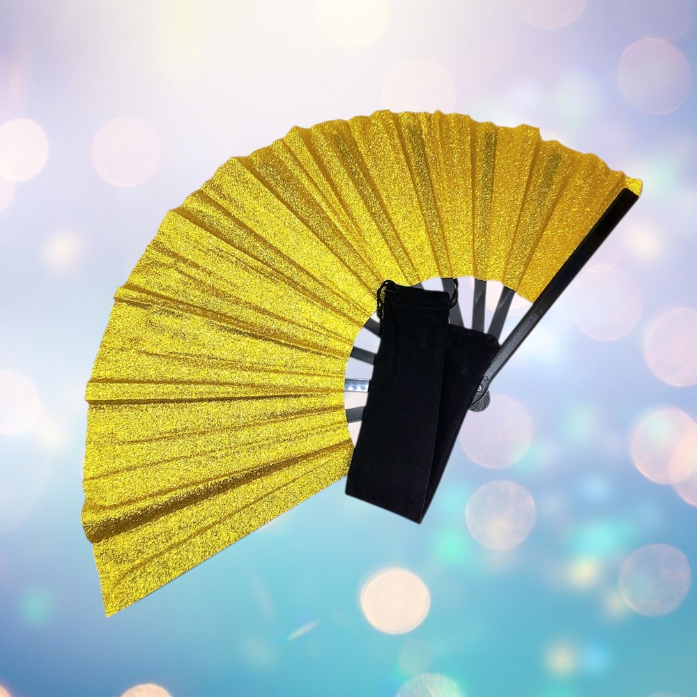 13 Inch Dance Clacking Hand Fabric Fan Sparkly Gold w Black Velvet Caring Case